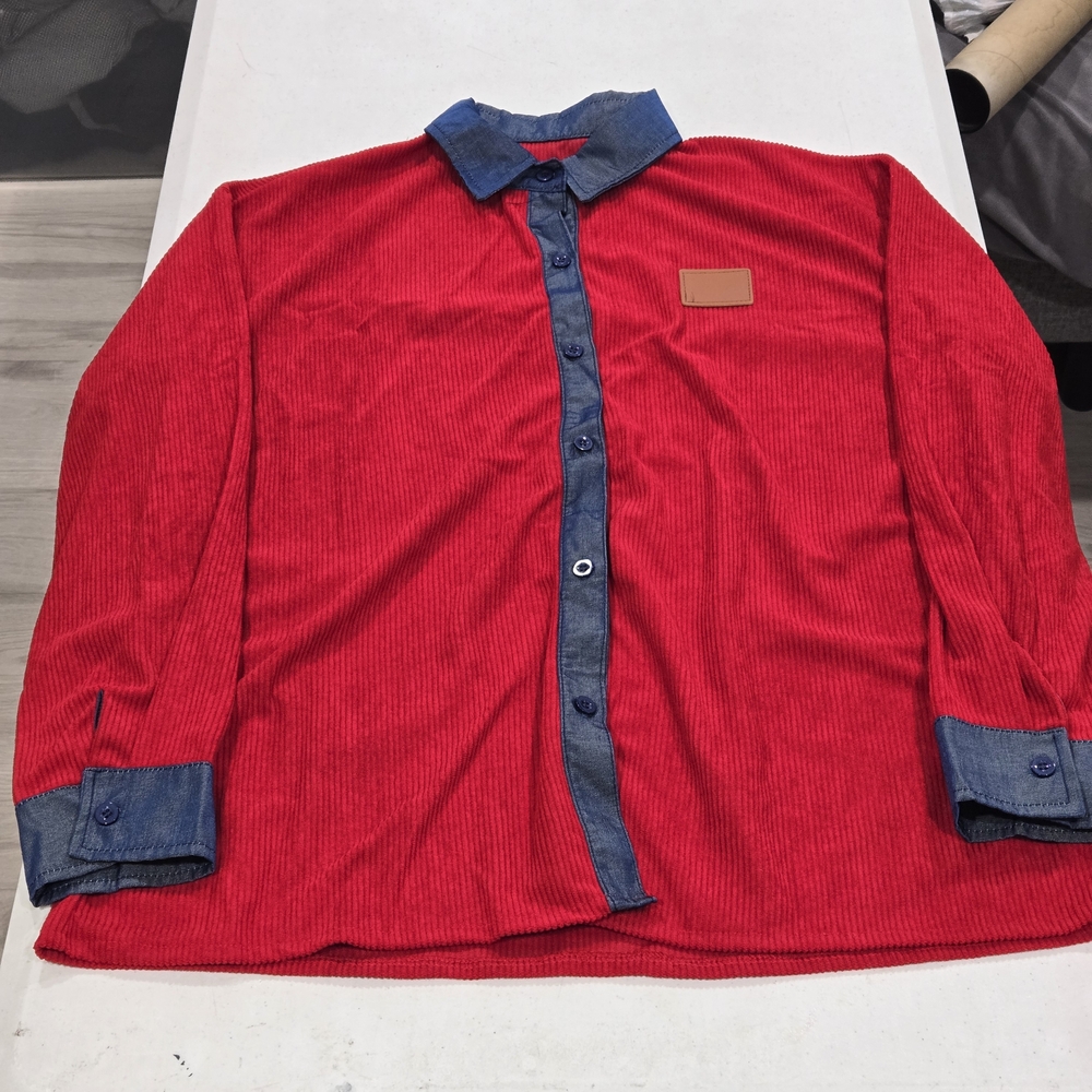 Men's Casual Red Button-Down Shirt with Denim Trim